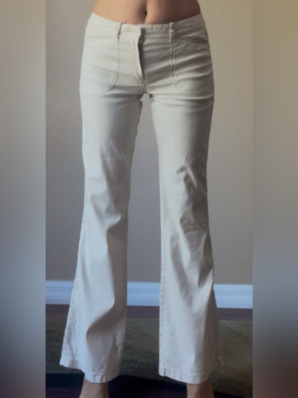 Vintage Y2K 55% linen stretch decorative stitch beige mid rise flare pants 2/4